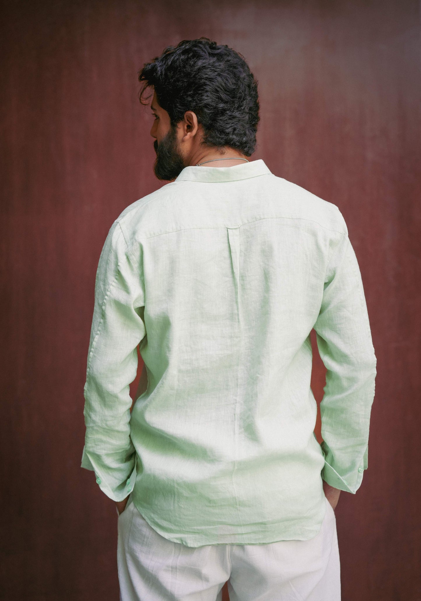 HOS Signature Pure Linen Green Shirt Back view