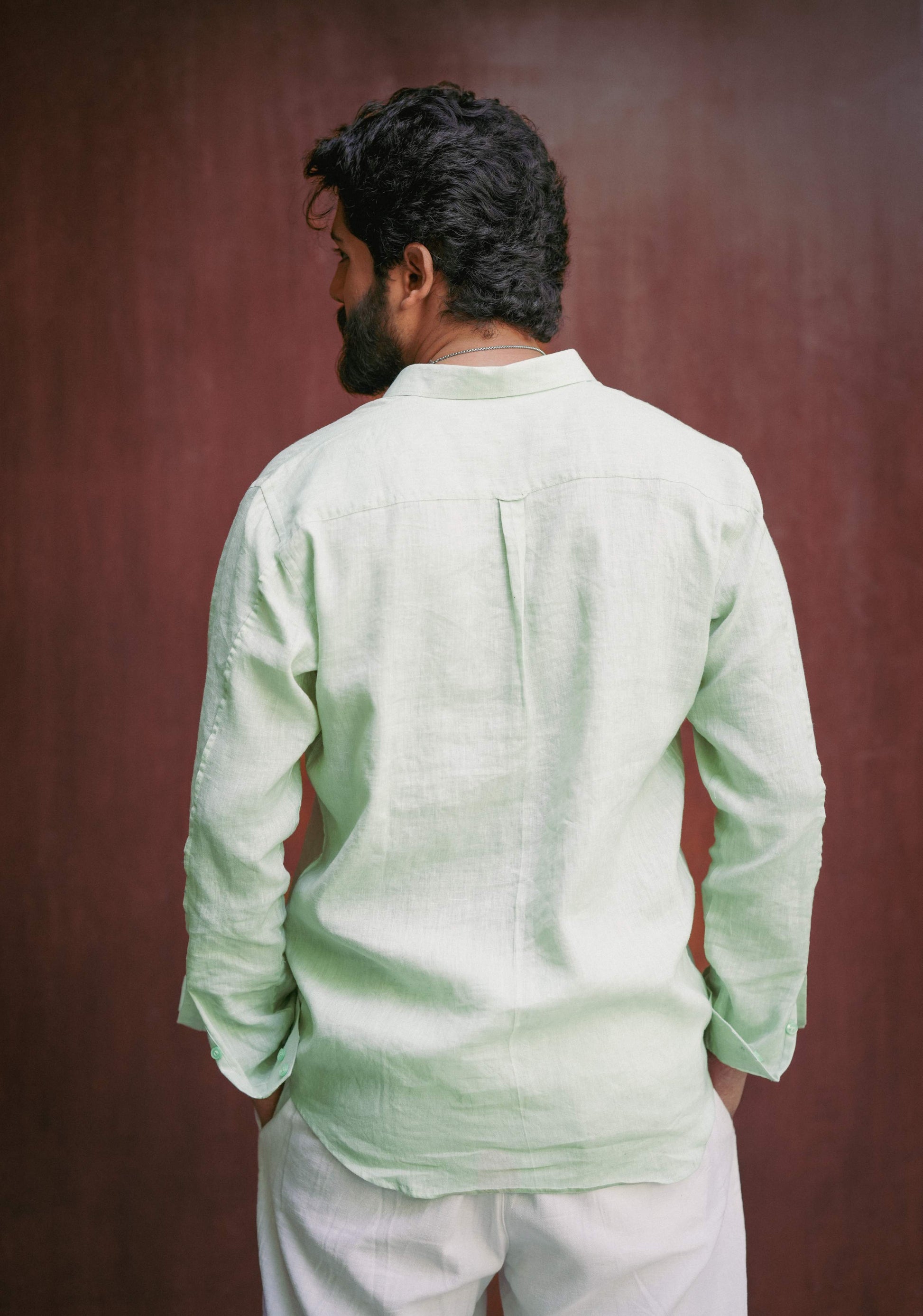 HOS Signature Pure Linen Green Shirt Back view