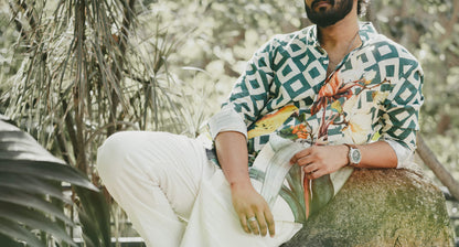  HOS Chequered Tropical Green Cotton Linen Mens Shirt Relax look