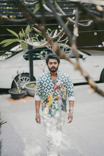 Green Printed Mens Cotton Linen Shirts