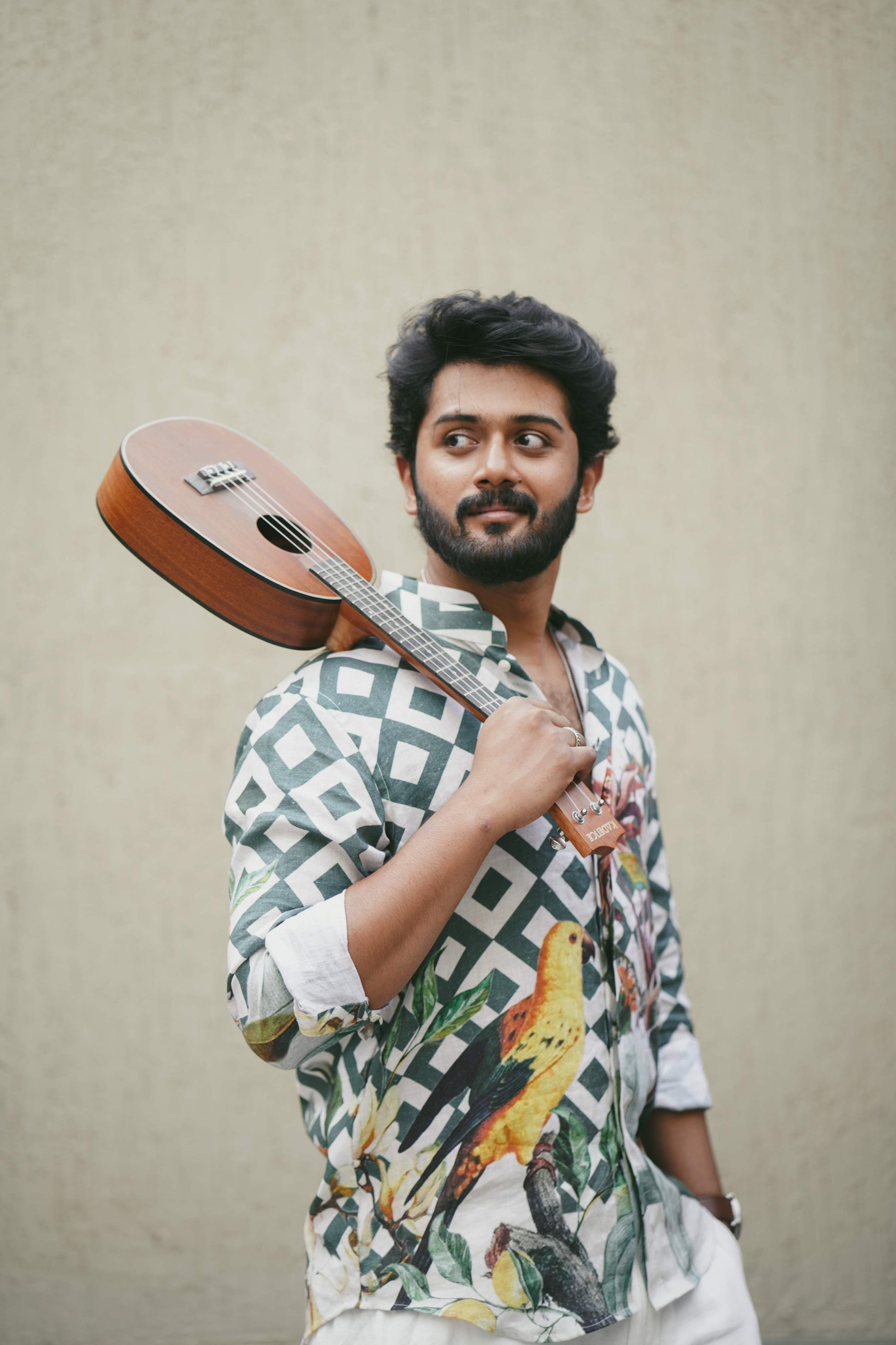  HOS Chequered Tropical Green Cotton Linen Mens Shirt  side with guitar in hand