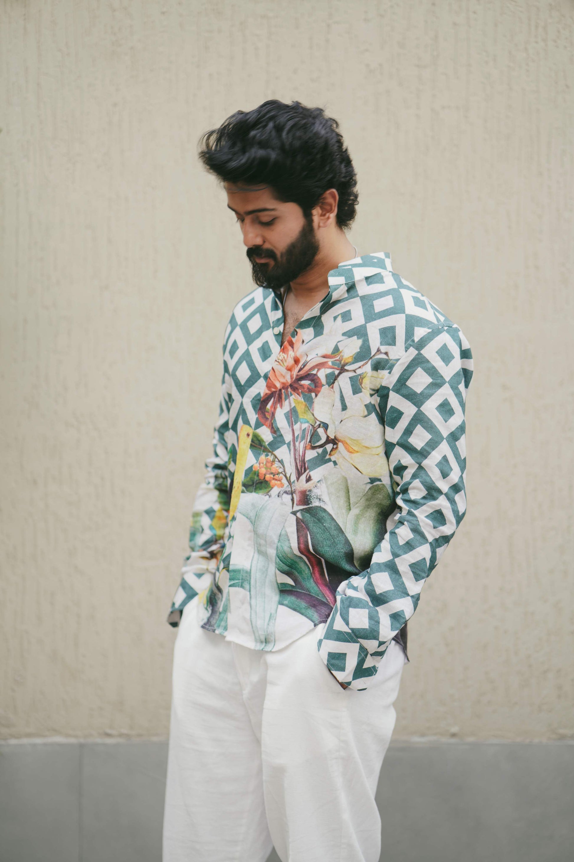  HOS Chequered Tropical Green Cotton Linen Mens Shirt side view pose