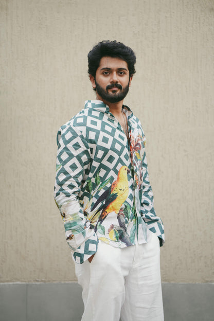  HOS Chequered Tropical Green Cotton Linen Mens Shirt front print view