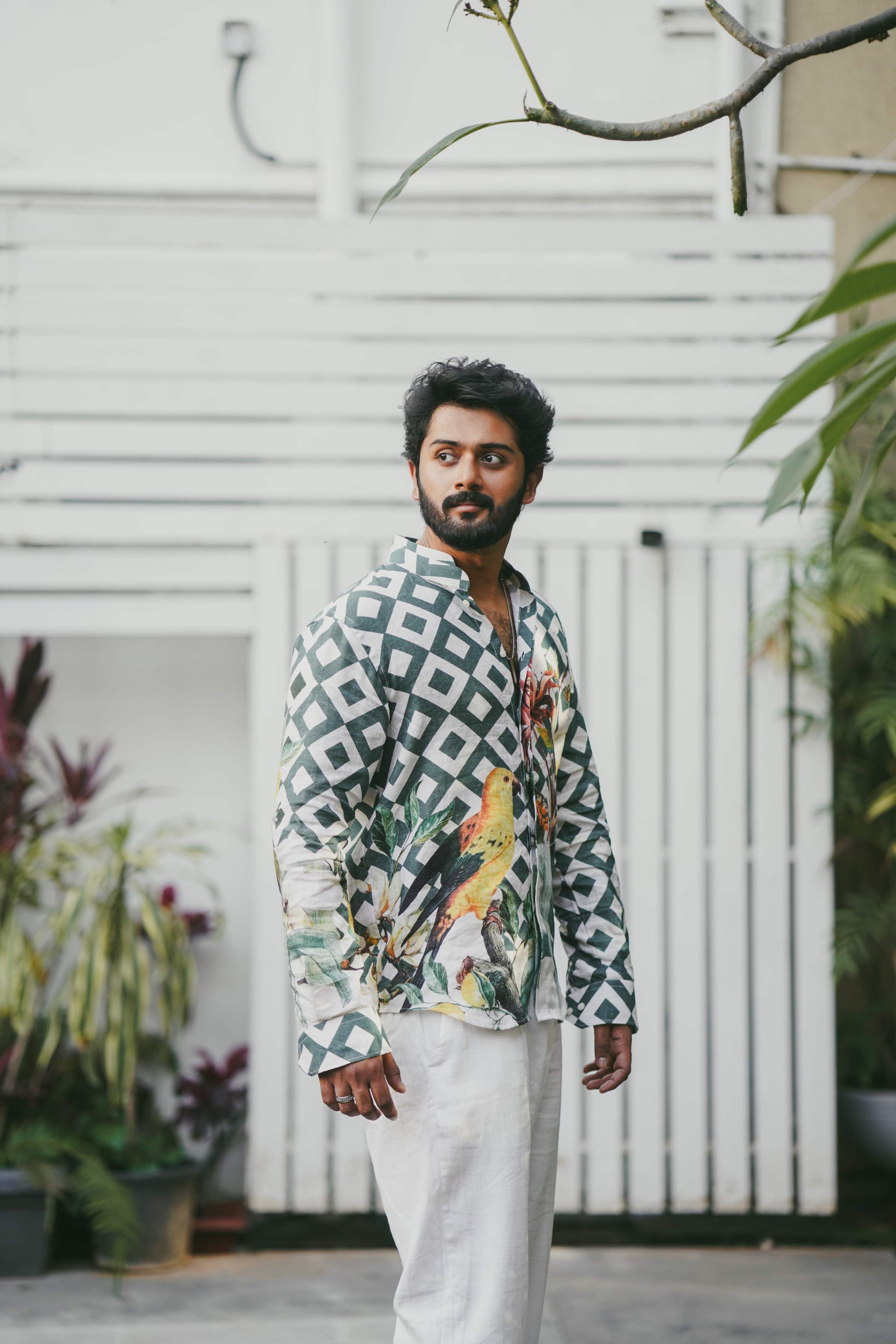  HOS Chequered Tropical Green Cotton Linen Mens Shirt side look view 