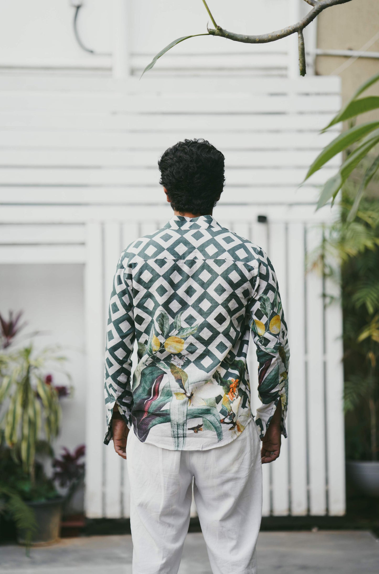  HOS Chequered Tropical Green Cotton Linen Mens Shirt back view 