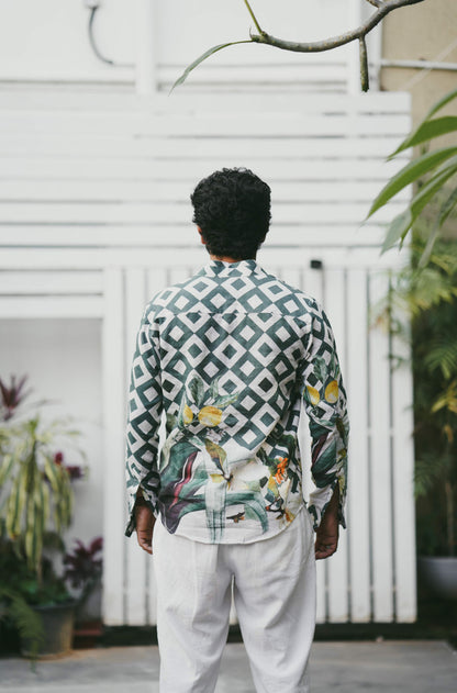  HOS Chequered Tropical Green Cotton Linen Mens Shirt back view 