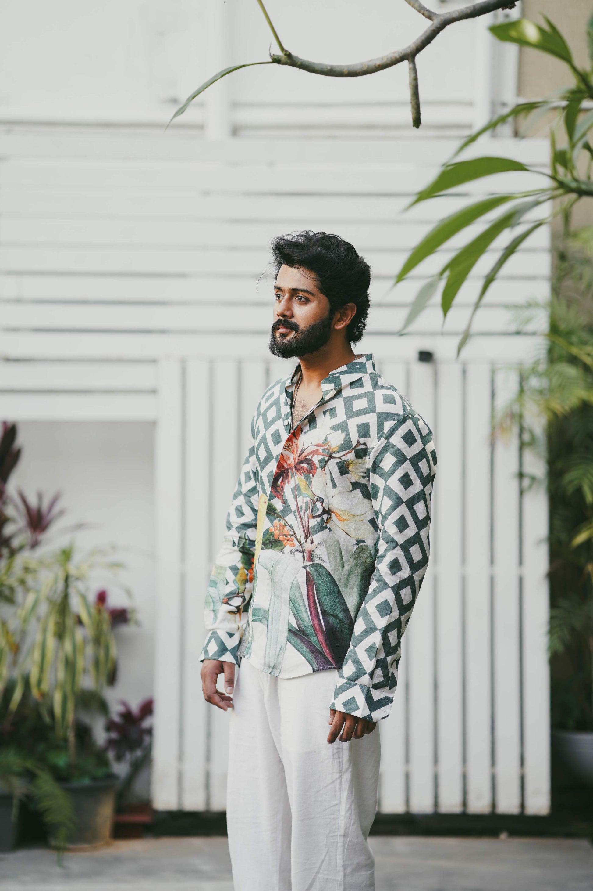  HOS Chequered Tropical Green Cotton Linen Mens Shirt left side view 