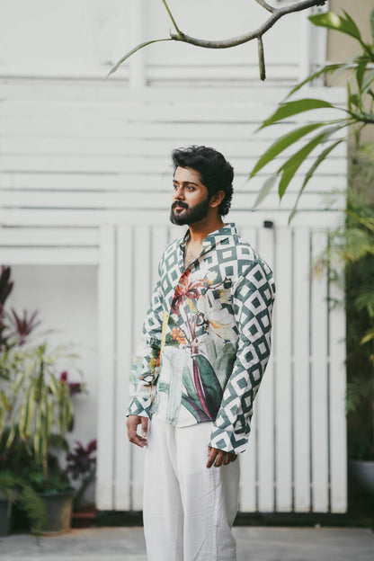  HOS Chequered Tropical Green Cotton Linen Mens Shirt left side view 