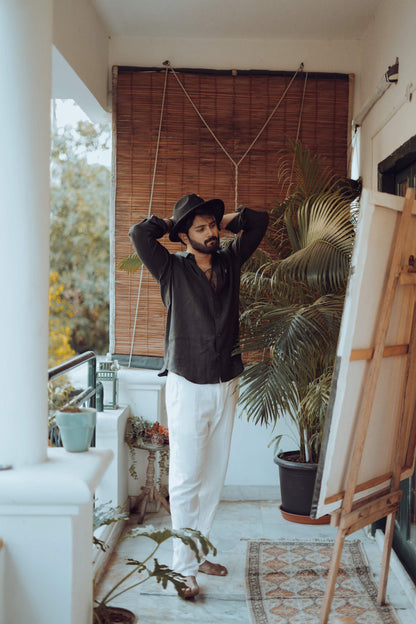 HOS Signature Pure Irish Linen Black Shirt