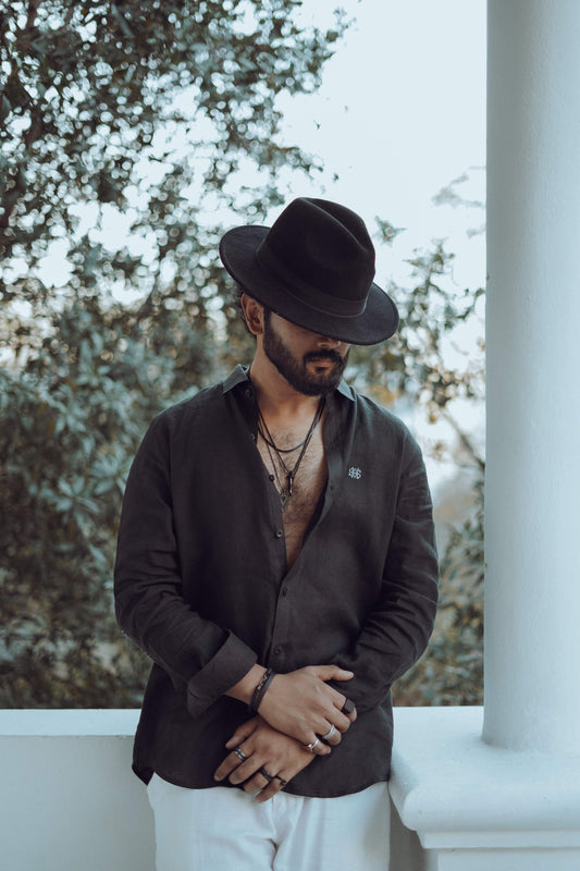 Pure Linen Shirt Black Colour Front