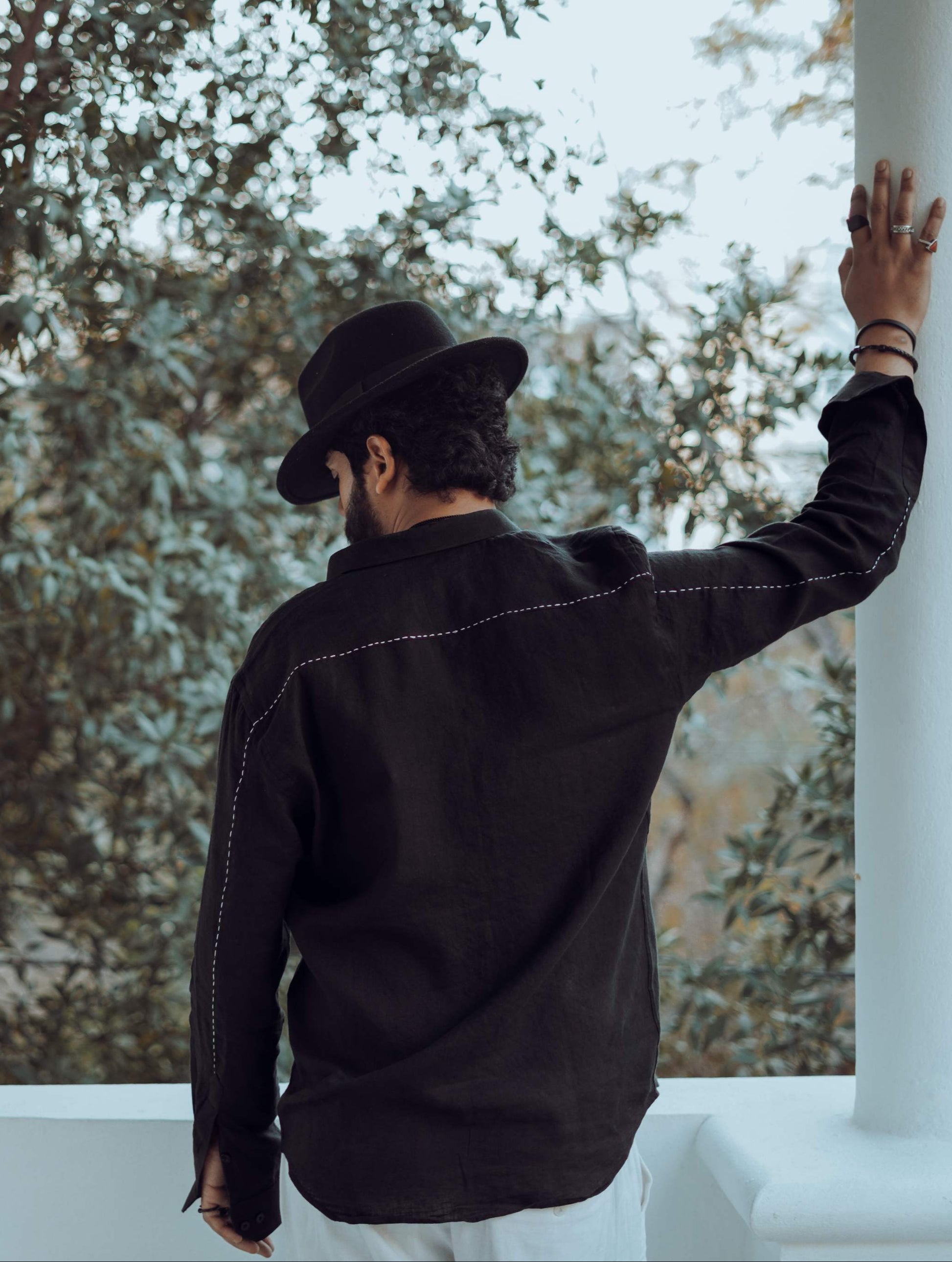 HOS Pure Linen Black Shirt Mens Back with Signature Threading 