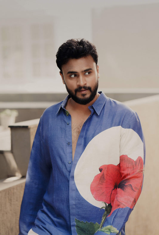 HOS Printed Hibiscus Blue Cotton Linen Mens Shirt