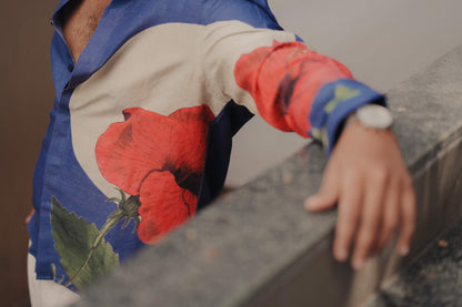 HOS Printed Hibiscus Blue Mens Cotton Linen Shirt close up of Sleeves