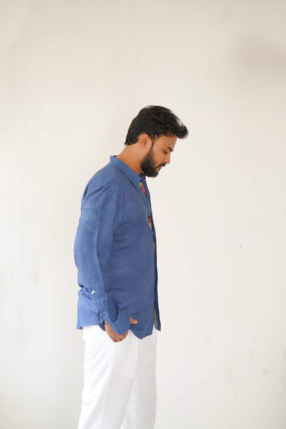 HOS Printed Hibiscus Blue Mens Cotton Linen Shirt side view