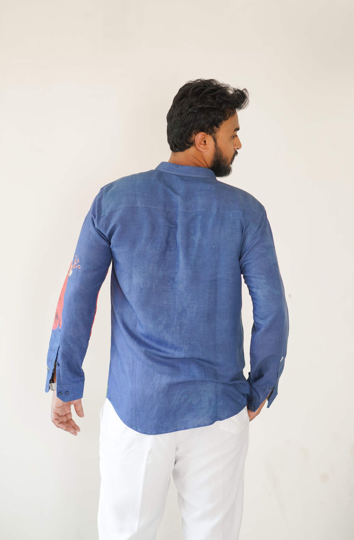HOS Printed Hibiscus Blue Mens Cotton Linen Shirt Back view