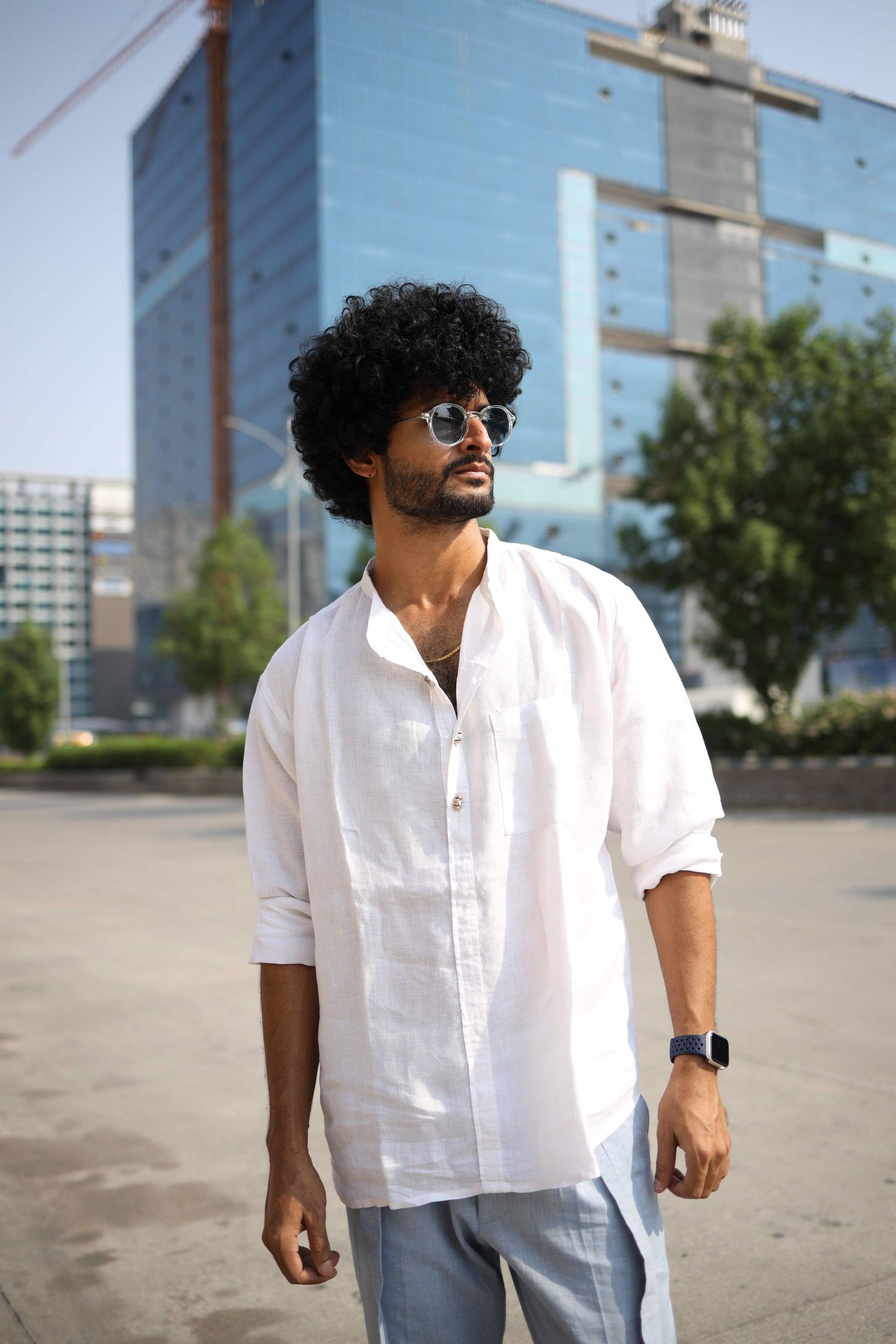 HOS Pure Linen Mens White Shirt Kurta 