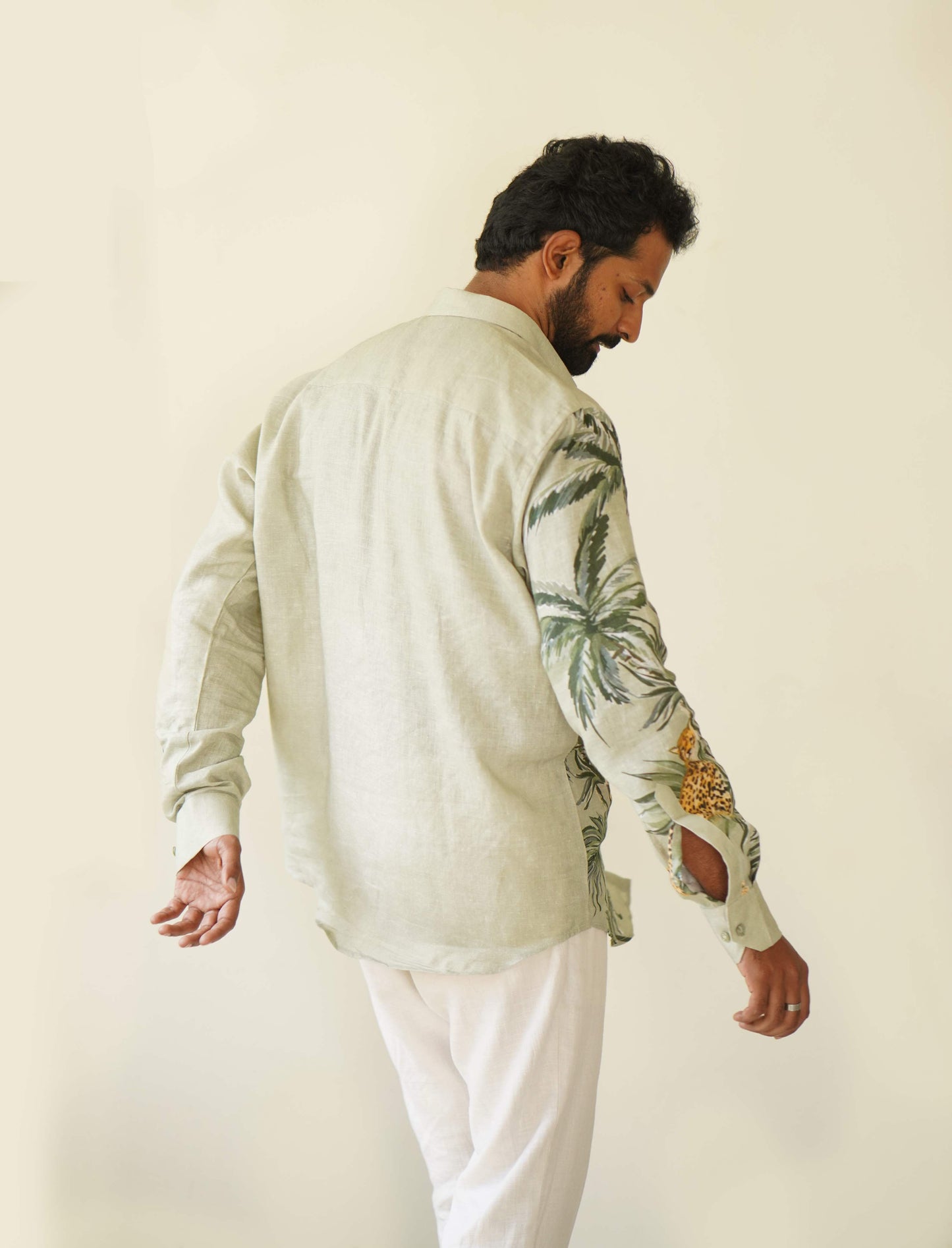 HOS Leopard Printed Olive Green Cotton Linen Mens Shirt Side view