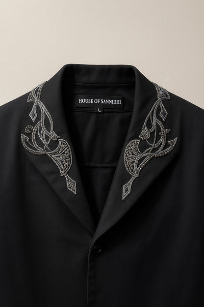 Salvatore Serpentine Crest Black Men's Party Shirt | Men's Black Embroidered Shirt
