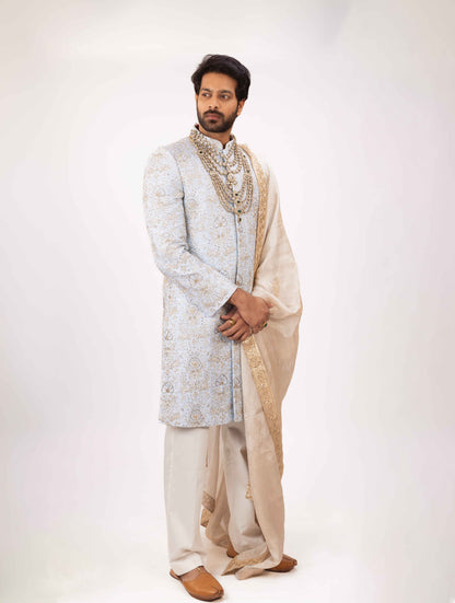Imperial Sky Sherwani | Hand Embroidered Blue Sherwani