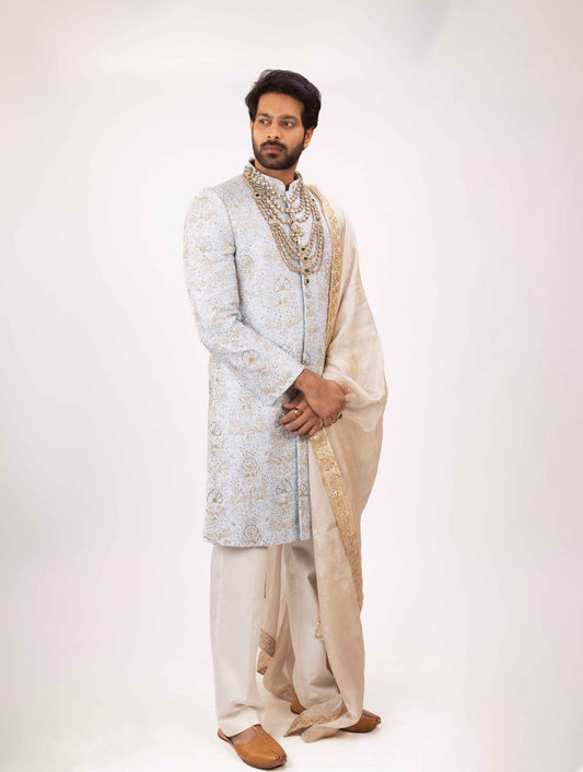 Imperial Sky Sherwani | Hand Embroidered Blue Sherwani Set