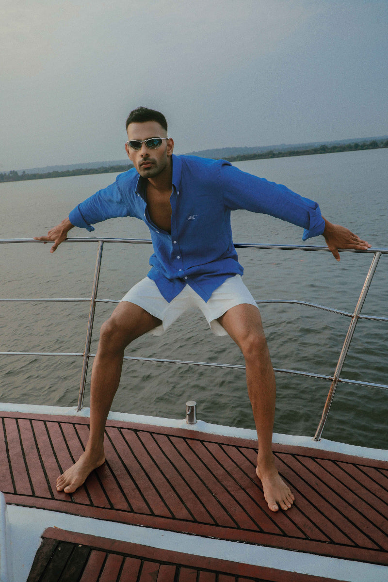 HOS Club Linen Shirt | Men's Blue Linen Shirt with Logo Embroidery