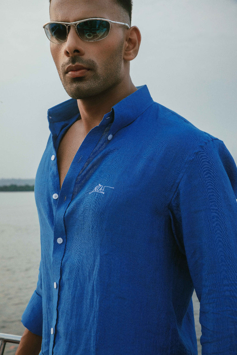 HOS Club Linen Shirt | Men's Blue Linen Shirt with Logo Embroidery