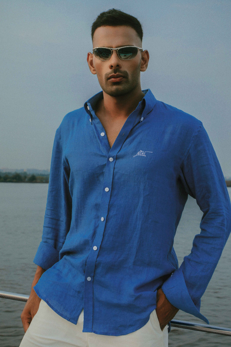 HOS Club Linen Shirt | Men's Blue Linen Shirt with Logo Embroidery