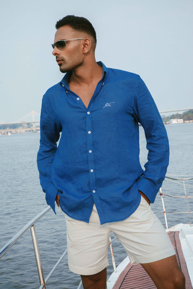 HOS Club Linen Shirt | Men's Blue Linen Shirt with Logo Embroidery