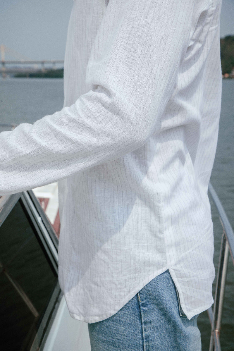 Atlântico Cinza | Double Breasted White Grey Striped Linen Shirt