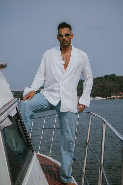 Atlântico Cinza | Double Breasted White Grey Striped Linen Shirt