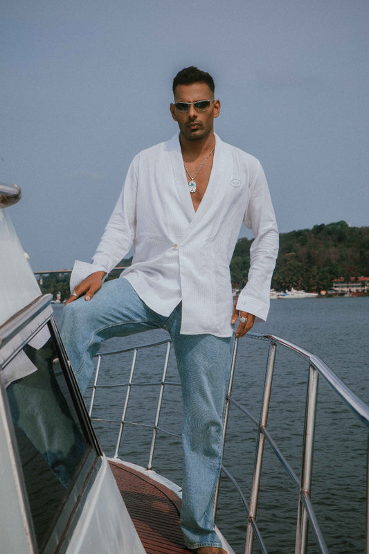 Atlântico Cinza | Double Breasted White Grey Striped Linen Shirt