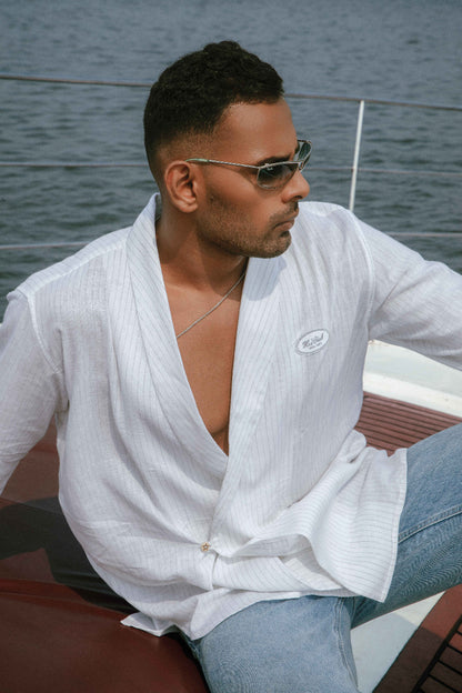 Atlântico Cinza | Double Breasted White Grey Striped Linen Shirt