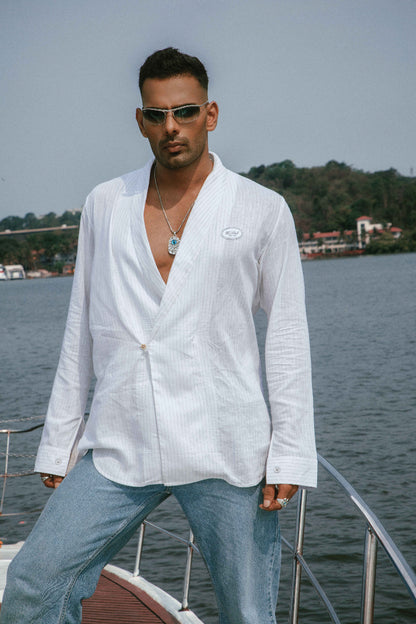 Atlântico Cinza | Double Breasted White Grey Striped Linen Shirt
