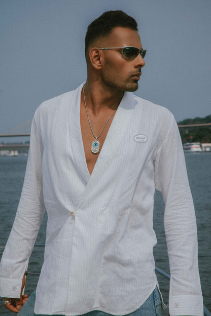 Atlântico Cinza | Double Breasted White Grey Striped Linen Shirt