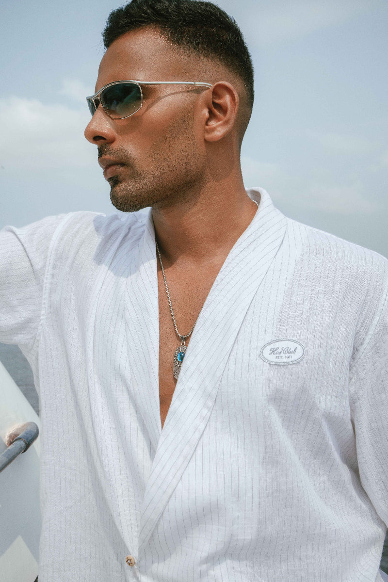 Atlântico Cinza | Double Breasted White Grey Striped Linen Shirt